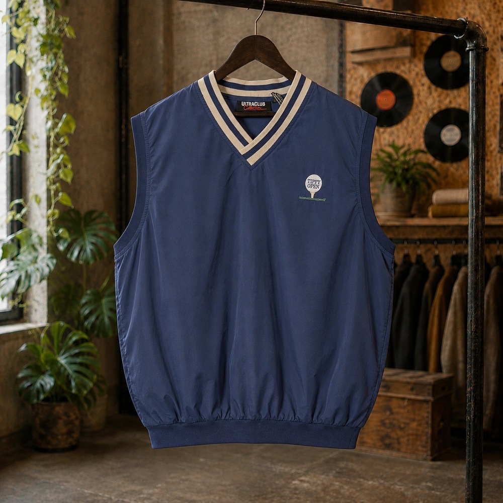 UltraClub Navy V-Neck Golf Windbreaker Vest Mens Large Tippy Open Embroidery